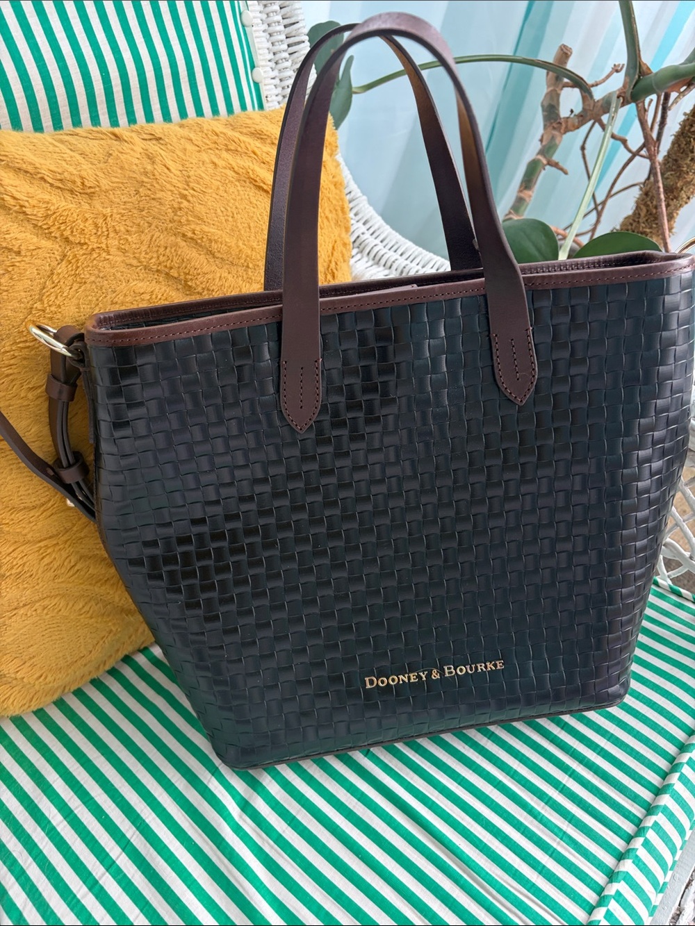 Dooney & Bourke Black Woven Leather Tote with Brown Trim